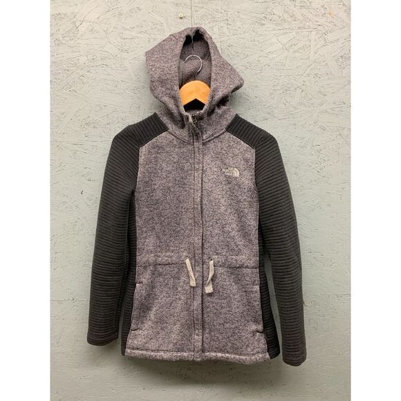 The North Face Women's Small Hooded Fleece Jacket Gray Full Zip Textured Sleeves - Picture 1 of 12